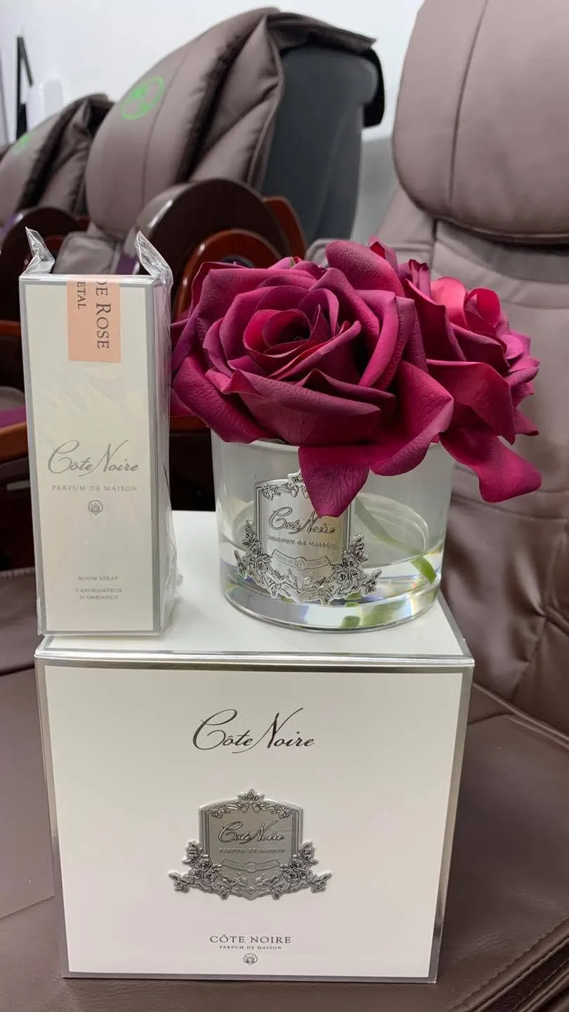 Côte Noire deep-magenta perfumed roses in a silver vase with room spray on a white box, massage chairs in the background